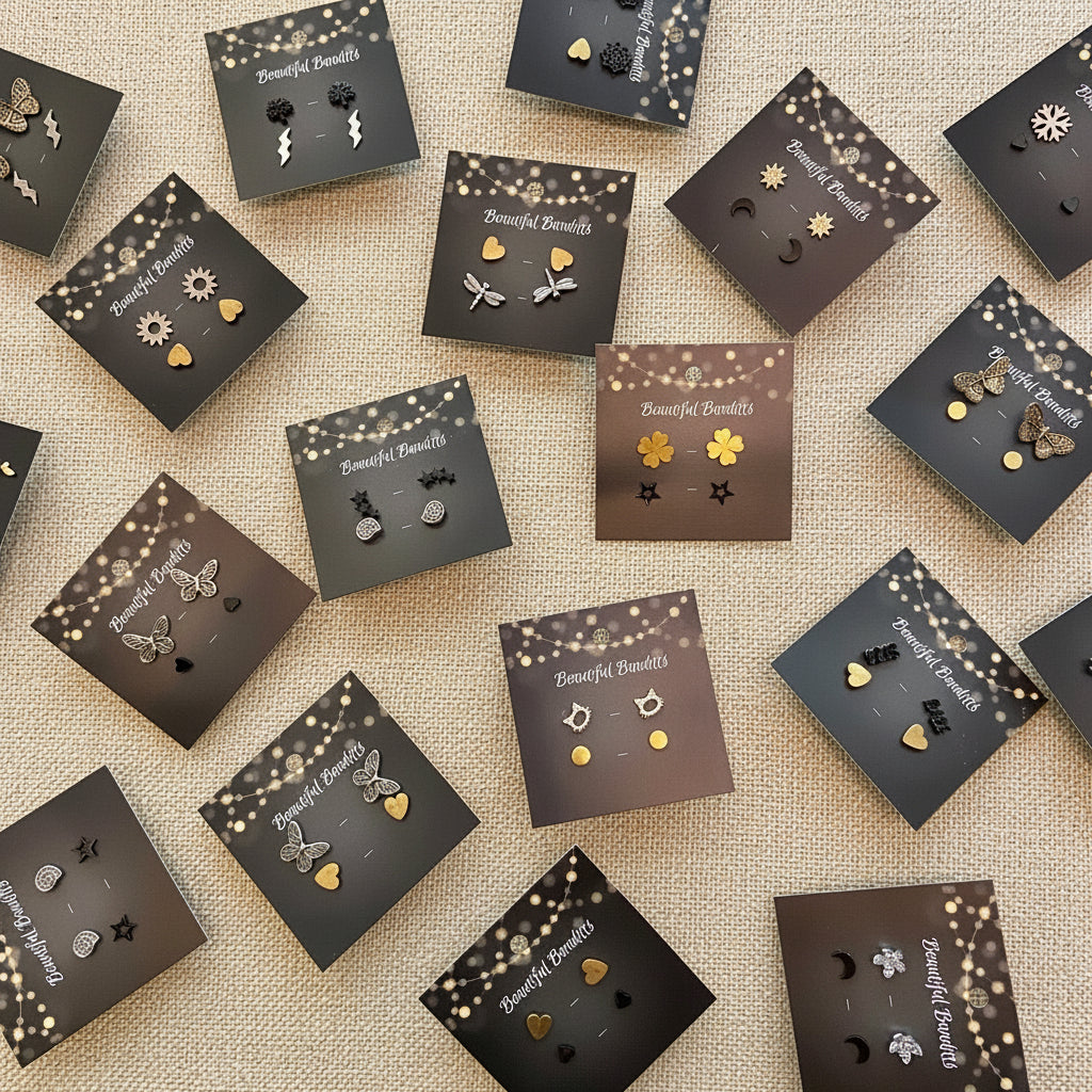 Collection of earrings on branded display cards on a light surface