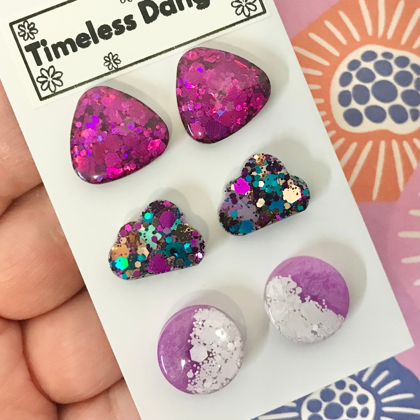 Novelty Resin Sparkle Stud Earrings - triple pack