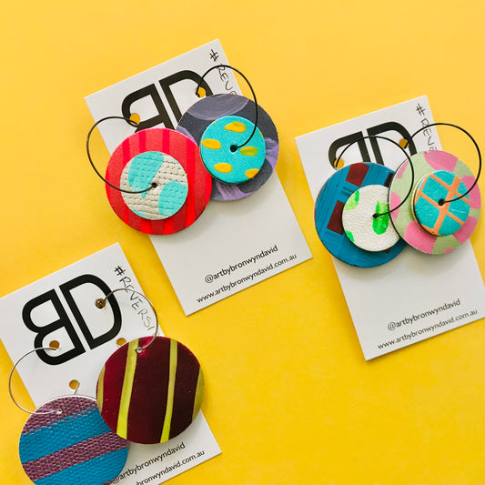 Hand painted leather bold statement earrings - Reversible Double Disc