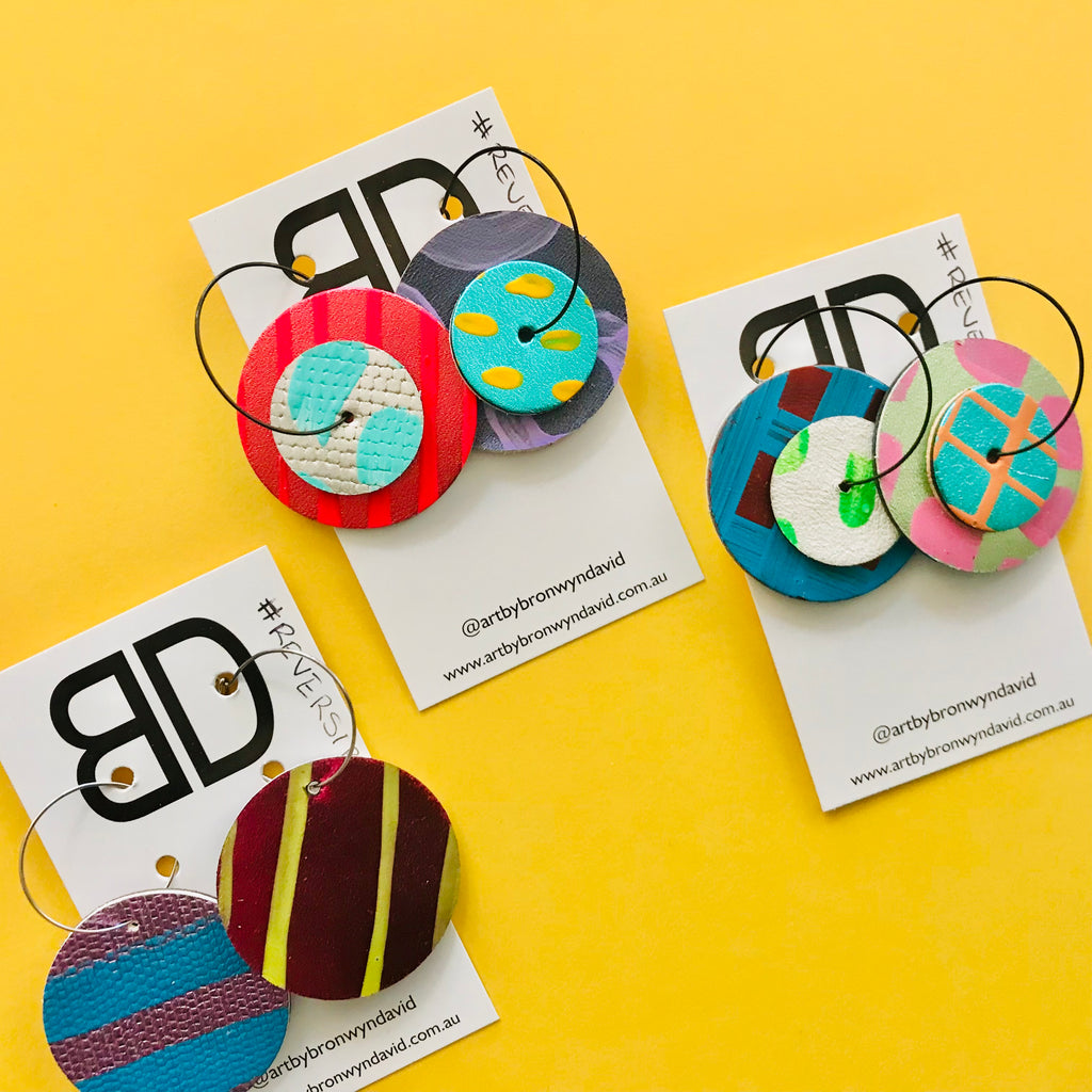 Hand painted leather bold statement earrings - Reversible Double Disc