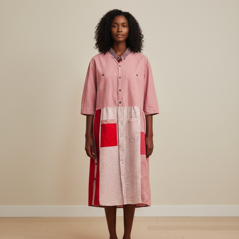 Woman wearing a pink dress with a red square design in a minimal indoor setting