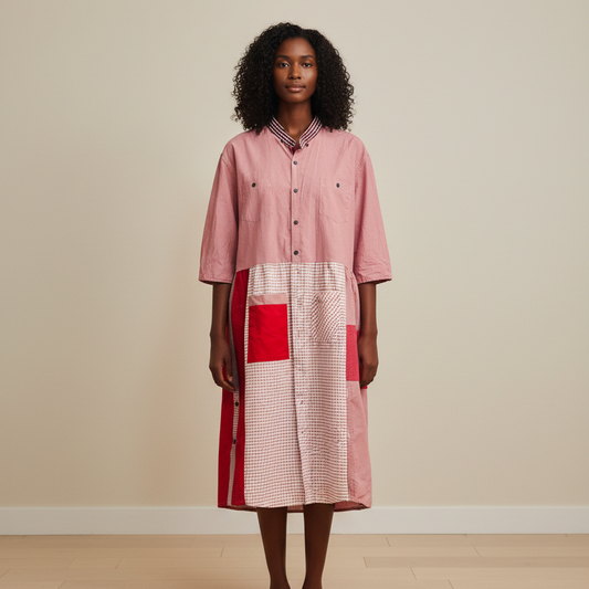 Woman wearing a pink dress with a red square design in a minimal indoor setting