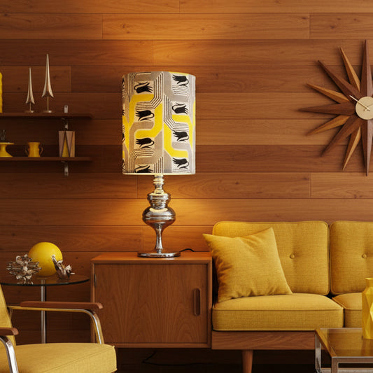 Decorative lamp with a patterned shade on a white surface.