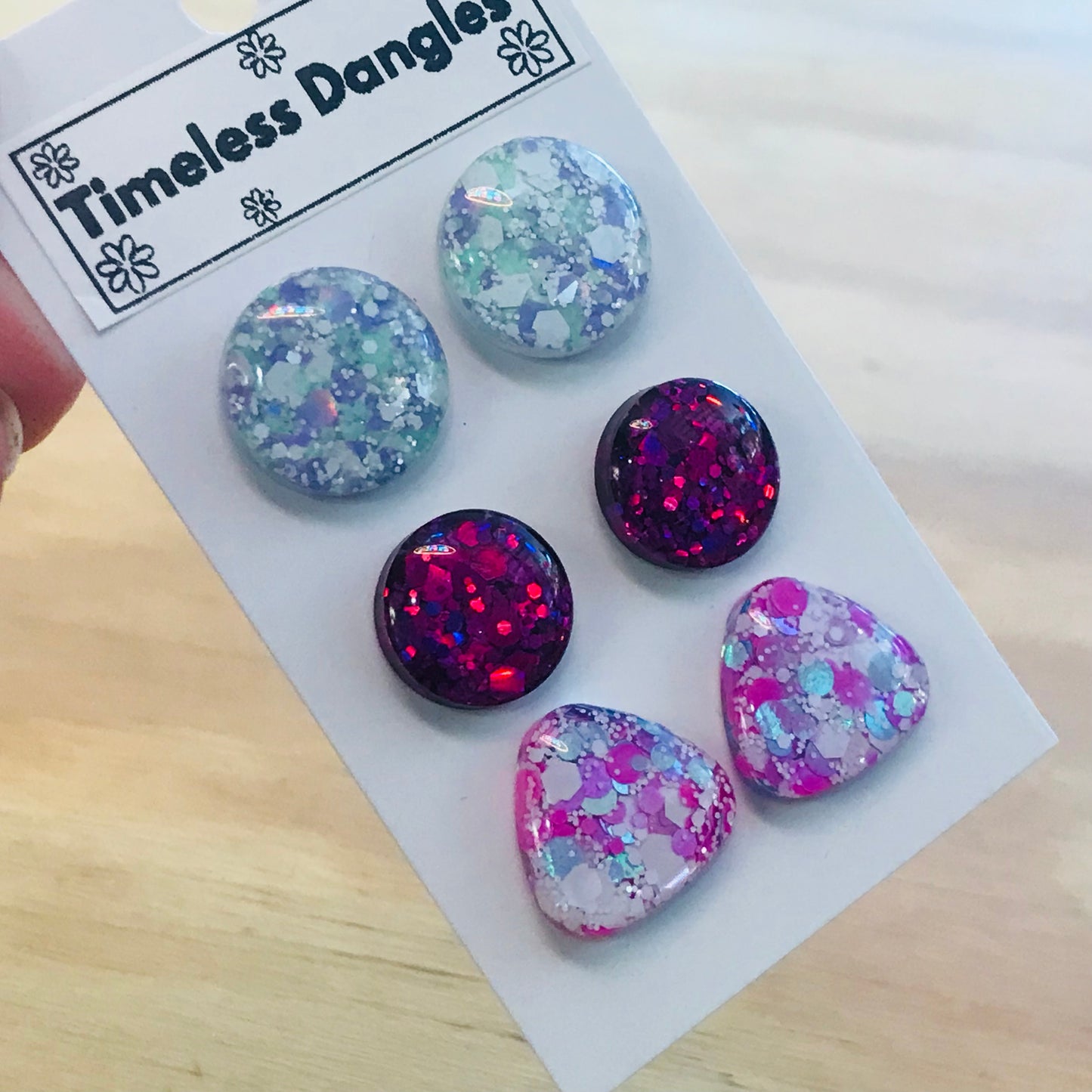Novelty Resin Sparkle Stud Earrings - triple pack