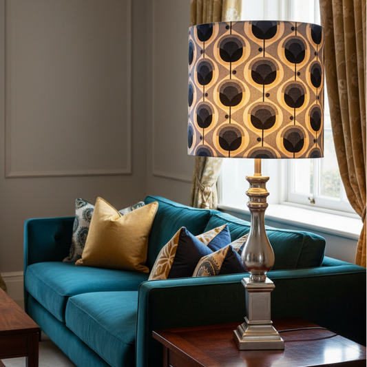 A table lamp with a cylindrical drum shade featuring a blue, white, and navy geometric pattern, mounted on a polished silver metal base and set on a white tabletop.