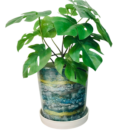 Alcohol Ink planter pot with tray - Deep Ocean