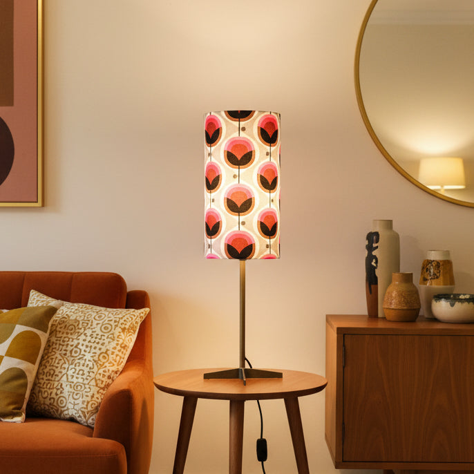Art Deco Pink Geo Flower Barkcloth Column Table Lamp