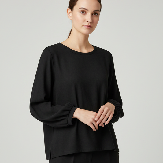 Women's Handmade Long Sleeve Gather Top - Black Wool Crepe