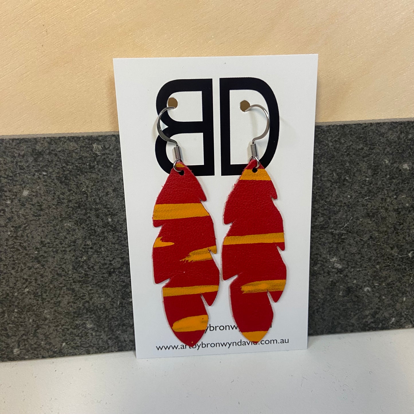 Handmade Painted Leather Earrings - The Feather