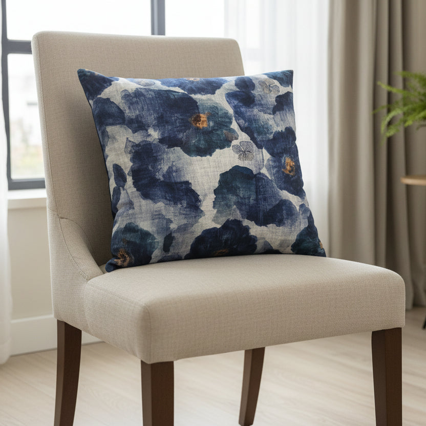 Beige chair with a blue floral pillow in a room with curtains and a plant.