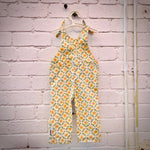 kids overalls with tie shoulders and yellow flower print, made of pinwale cord