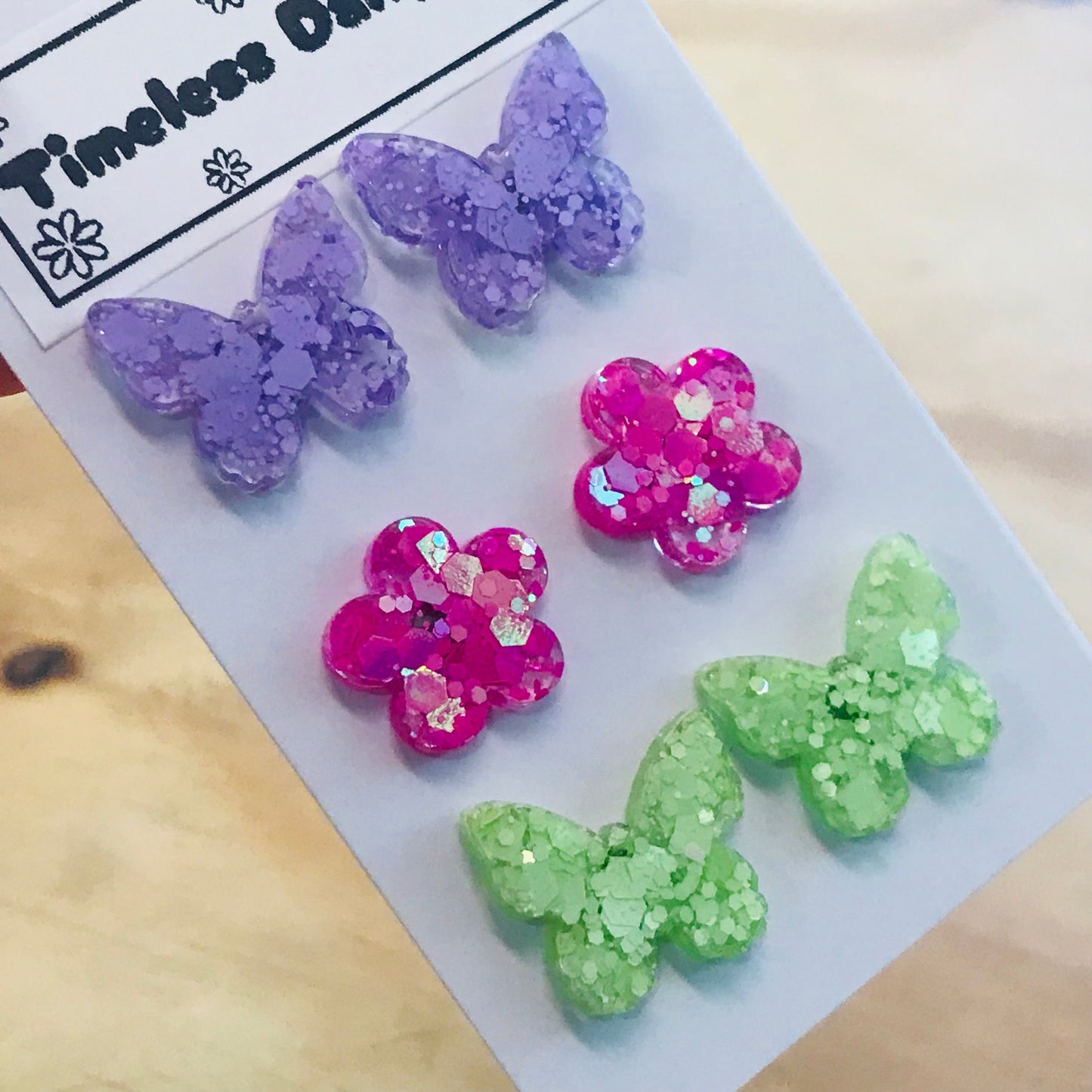 Novelty Resin Sparkle Stud Earrings - triple pack