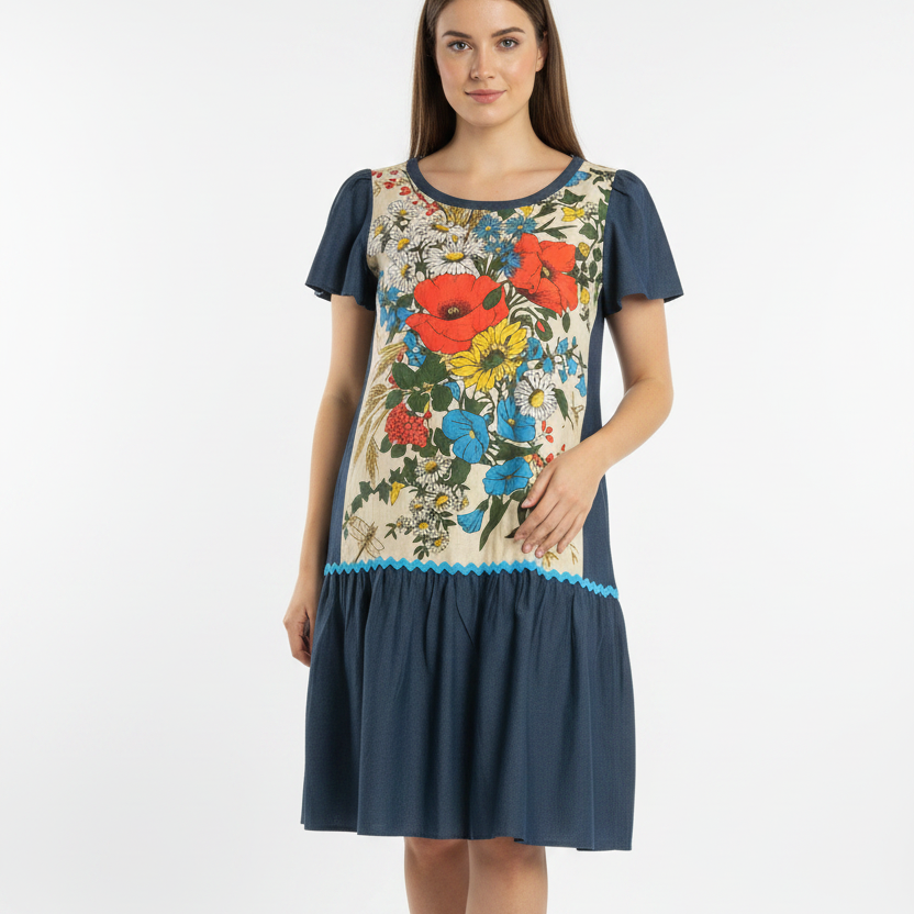 a model wearing a handmade dress with a dark navy blue base with a large, colorful floral print on the front panel and a light blue scalloped trim at the waist.