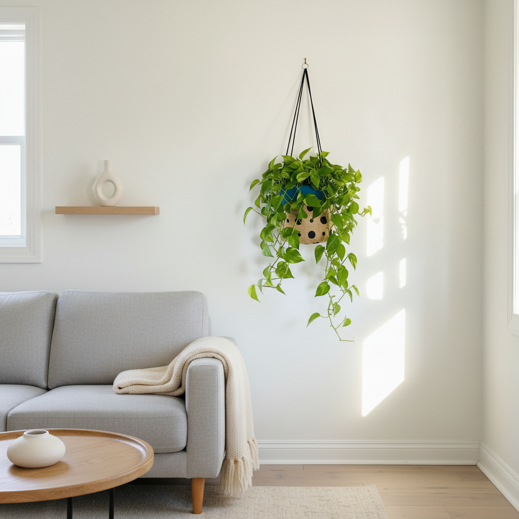 Modern living room with a gray sofa, wooden coffee table, and hanging plant.