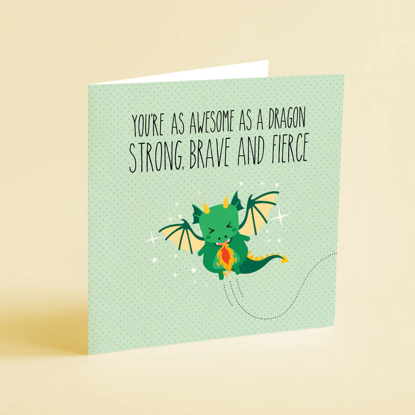 Greeting card with a green dragon illustration and text on a beige background