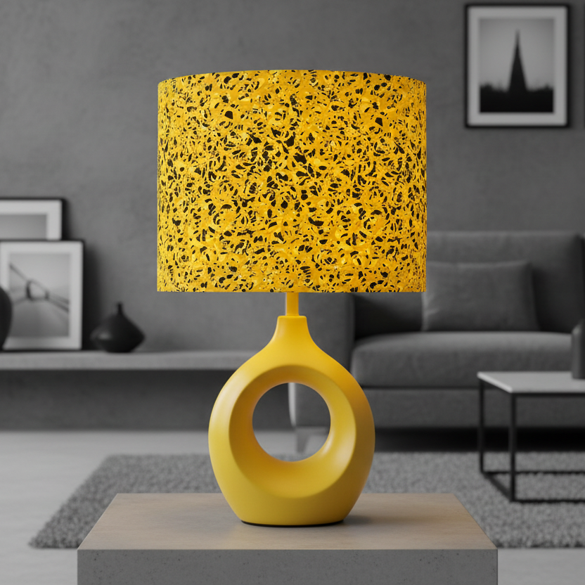 Yellow textured lamp on a table with a living room background