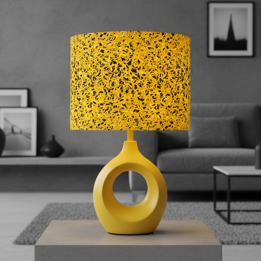 Yellow textured lamp on a table with a living room background