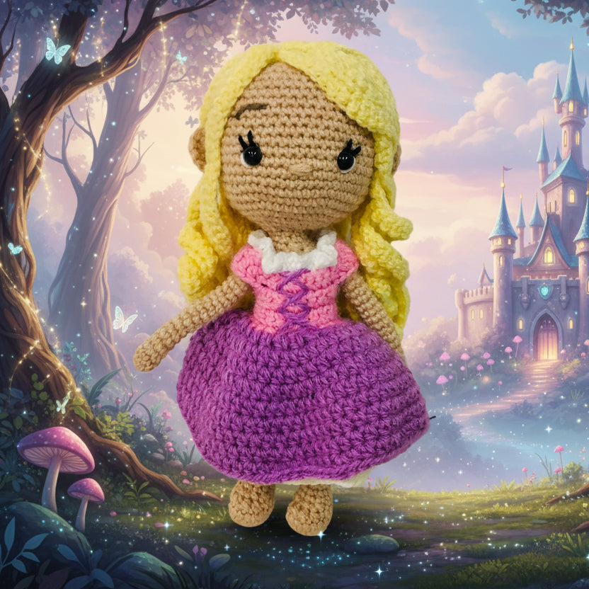 Crocheted doll with blonde hair and a purple dress on a white background