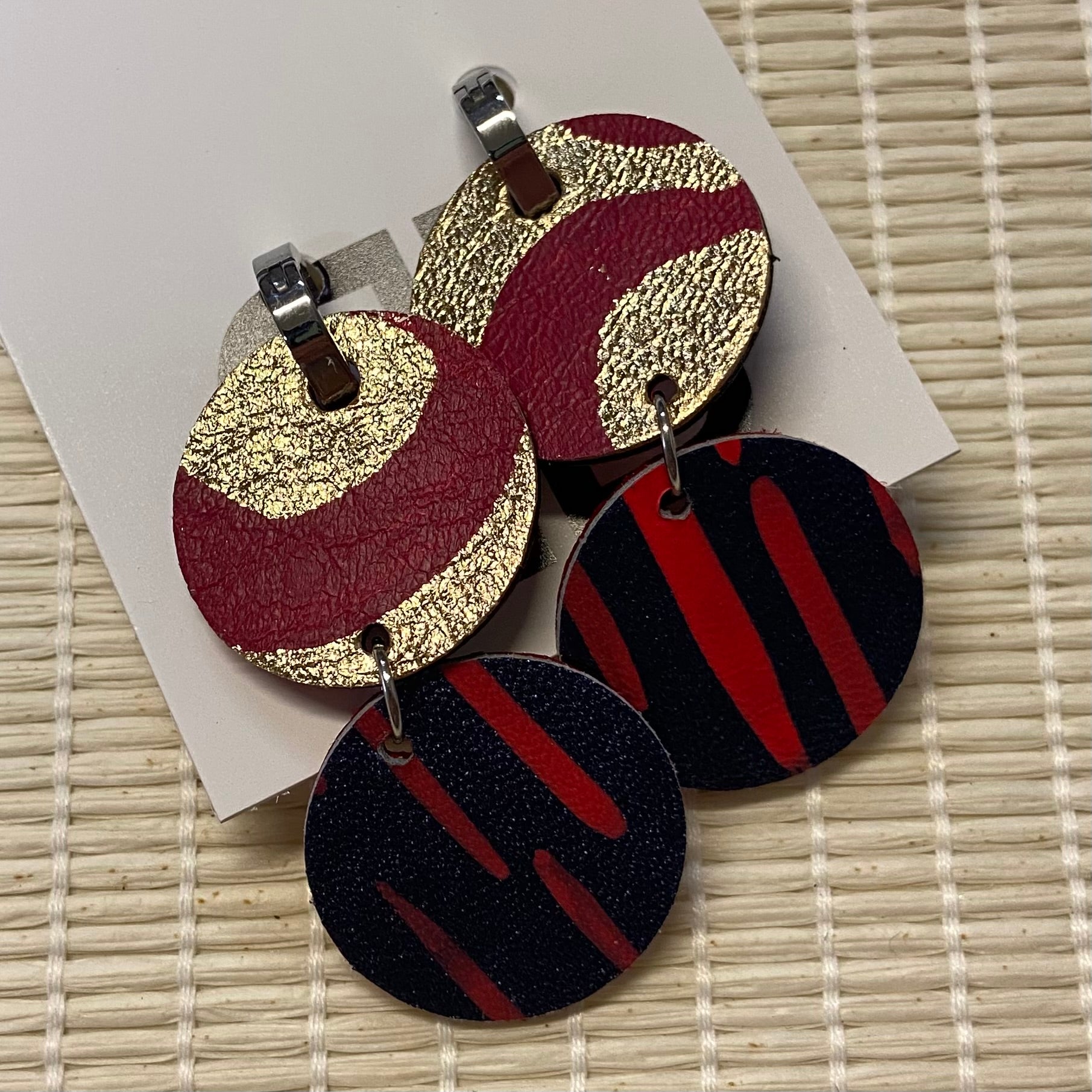 Hand painted leather bold statement earrings - Reversible Double Huggies (large)
