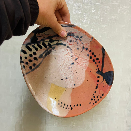 Handcrafted Pottery HSP Plates - Orange, White, yellow with Black Dots