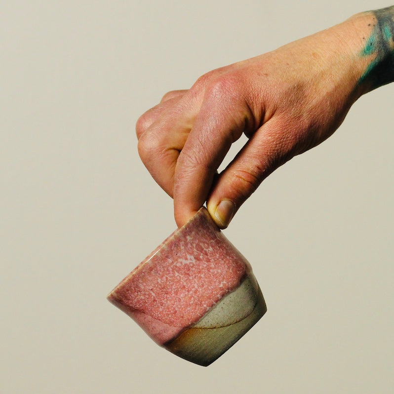 Handcrafted Pottery Espresso Cup - Pink White with Purple Inside Yellow Dots (125ml)