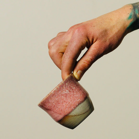 Handcrafted Pottery Espresso Cup - Pink White with Purple Inside Yellow Dots (125ml)