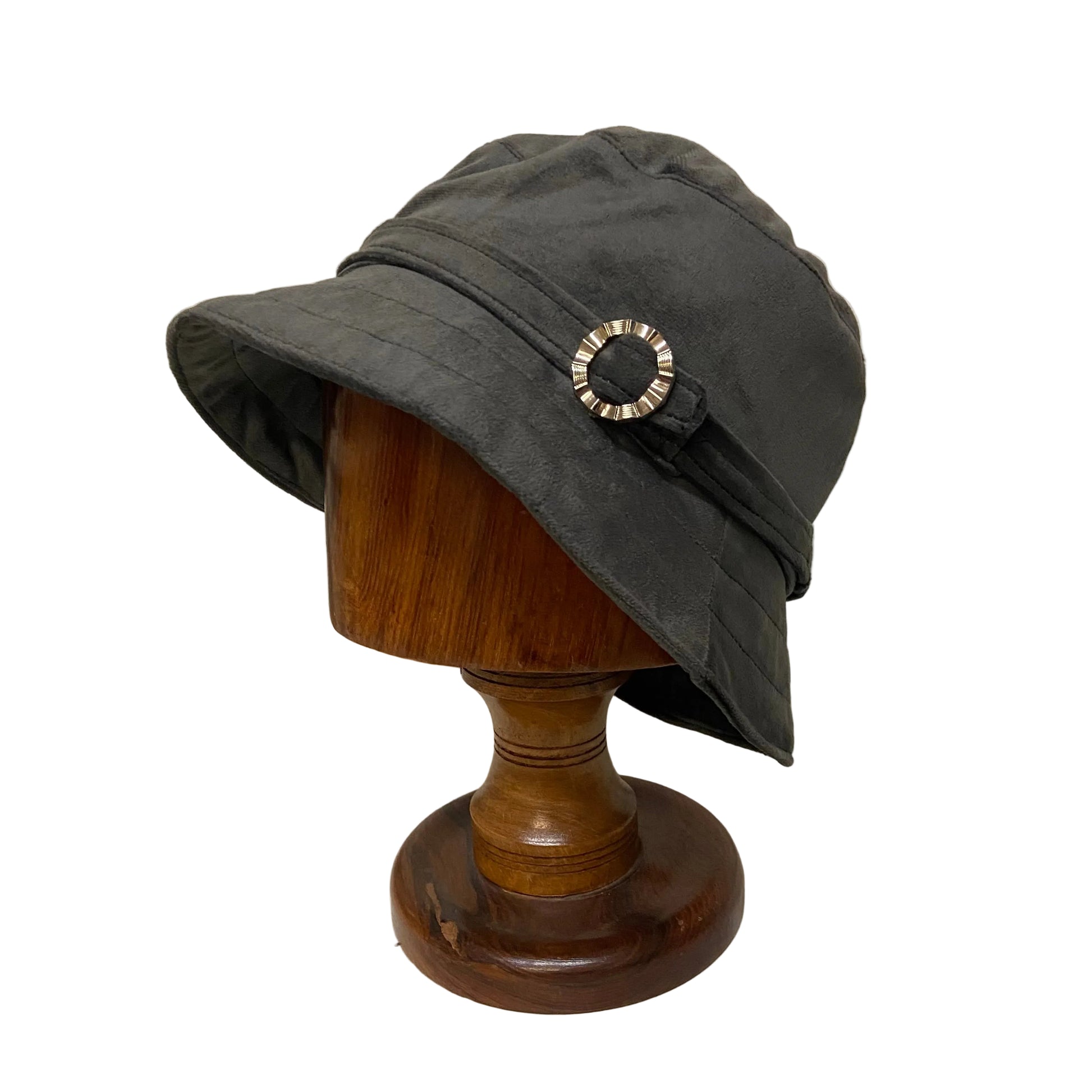 Gray bucket hat with a decorative button on a wooden mannequin head against a neutral background