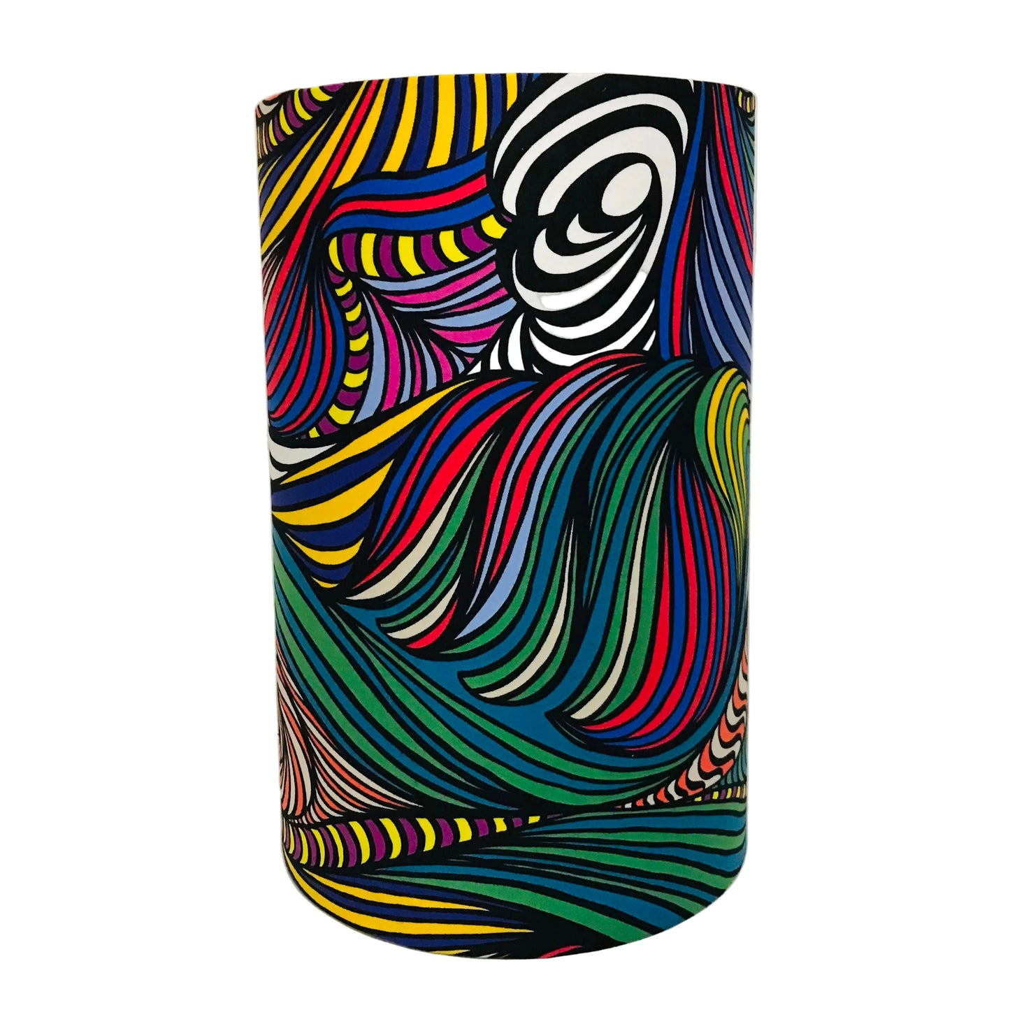 A cylindrical lampshade featuring a vibrant, psychedelic abstract pattern of swirling, wavy stripes in multiple colors including yellow, blue, green, red, pink, purple, black, and white, set against a plain white background.