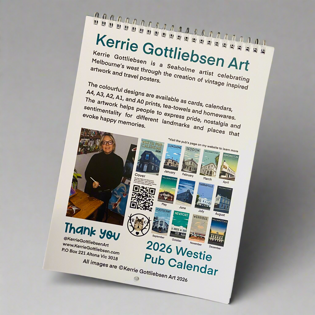 Kerrie Gottlieben Art 2026 Westie Pub Calendar on a gray background