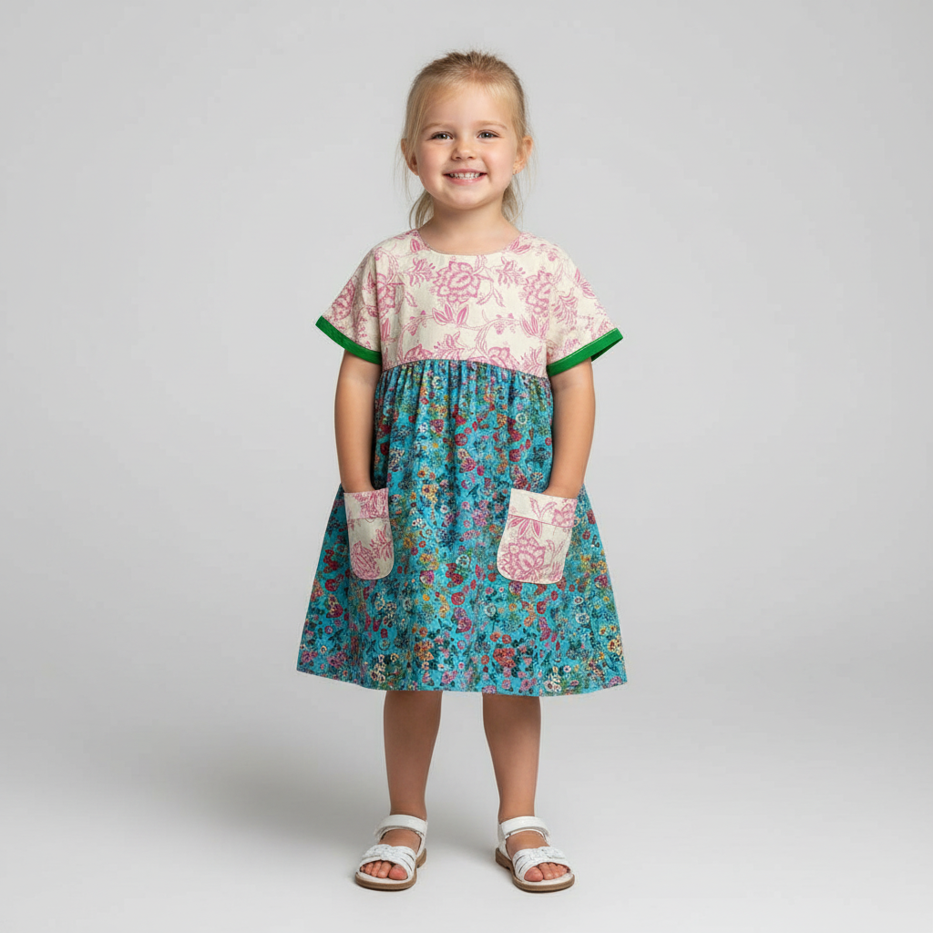 Young girl wearing a two-tone dress with floral patterns on a plain background