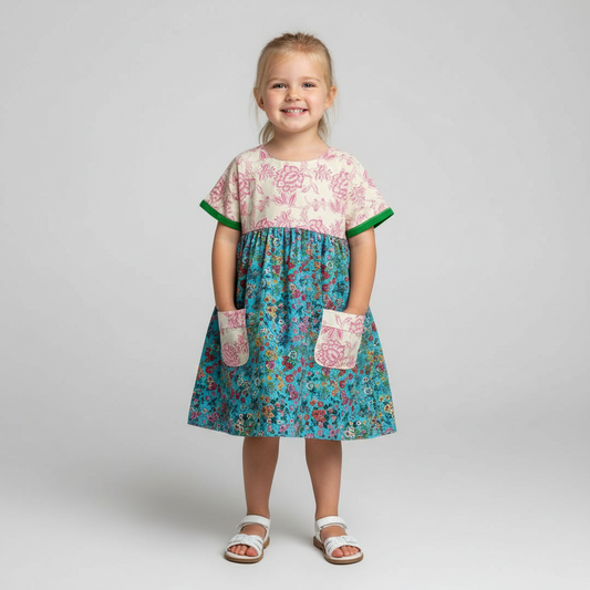 Young girl wearing a two-tone dress with floral patterns on a plain background