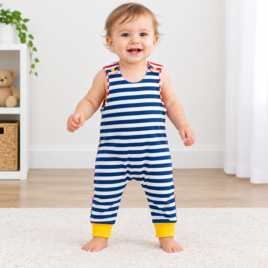 Baby Toddler Long Romper - Stripey Contrast