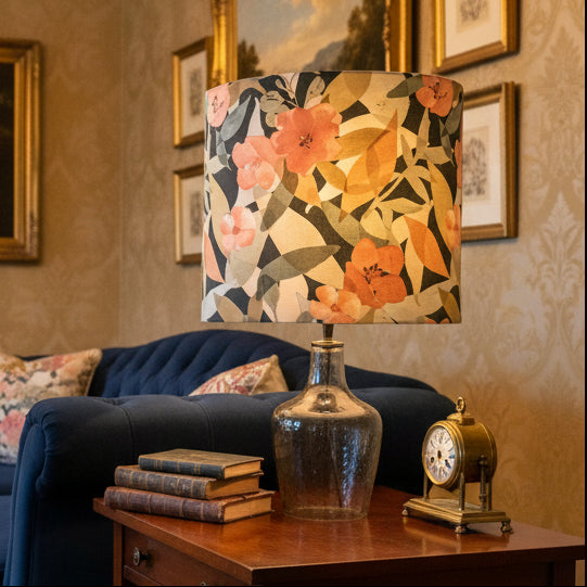 Lamp with floral-patterned shade in a living room
