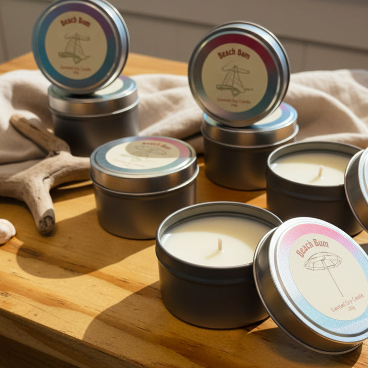 Scented soy candle in a metal tin with an open lid on a wooden surface, featuring 'Beach Bum' branding.