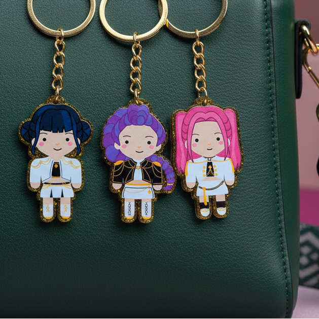 Three keychains with cartoon characters on green leather bag

