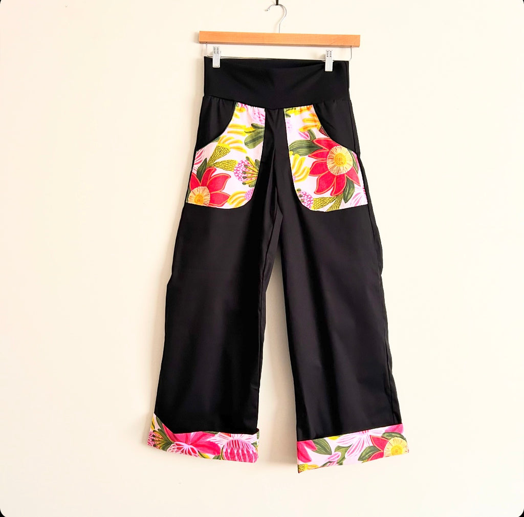 Women's Handmade Pants with Pockets & Cuffs - Black Cotton with Pink Flowers / SMALL