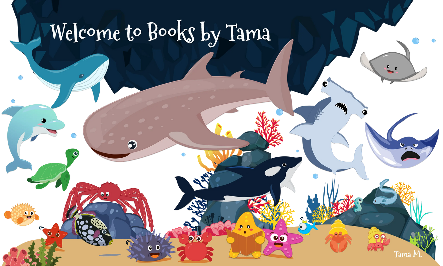 Illustration of various sea animals with a dark blue background and text 'Welcome to Books by Tama'.