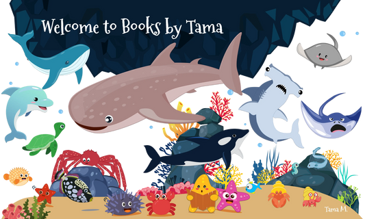 Illustration of various sea animals with a dark blue background and text 'Welcome to Books by Tama'.