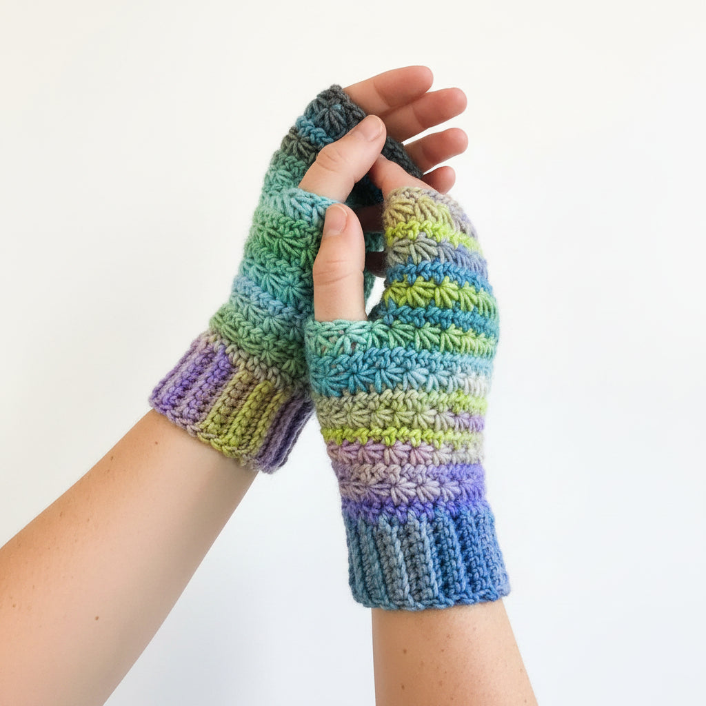 A pair of hand-crocheted fingerless gloves in a variegated yarn with stripes of green, blue, purple, and yellow