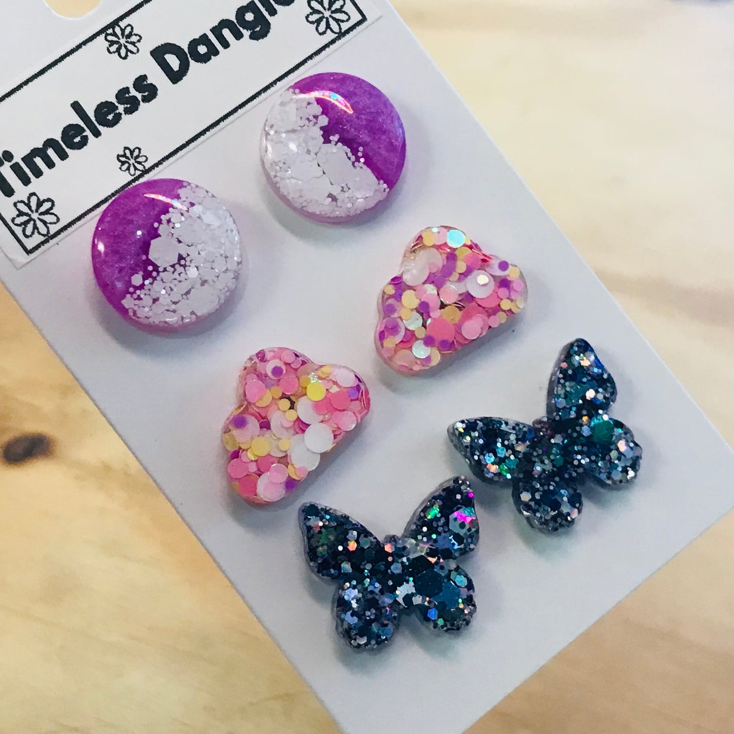 Novelty Resin Sparkle Stud Earrings - triple pack