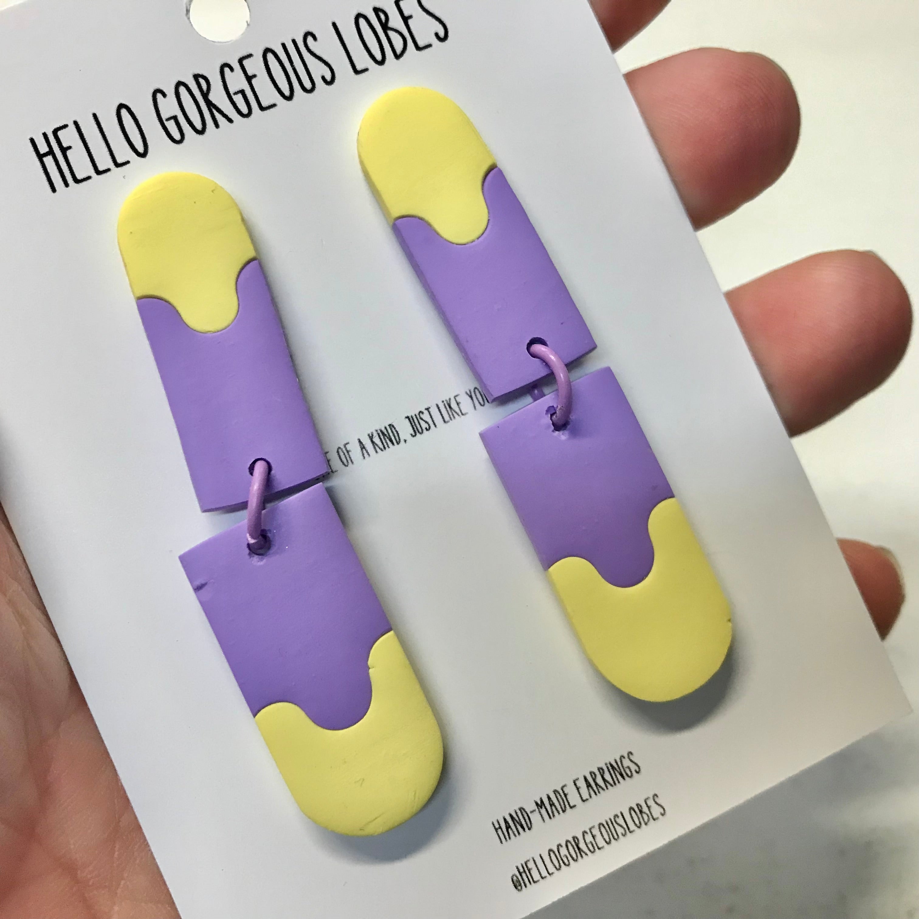 Polymer Clay Handmade Earrings - Yellow & Violet Elongated