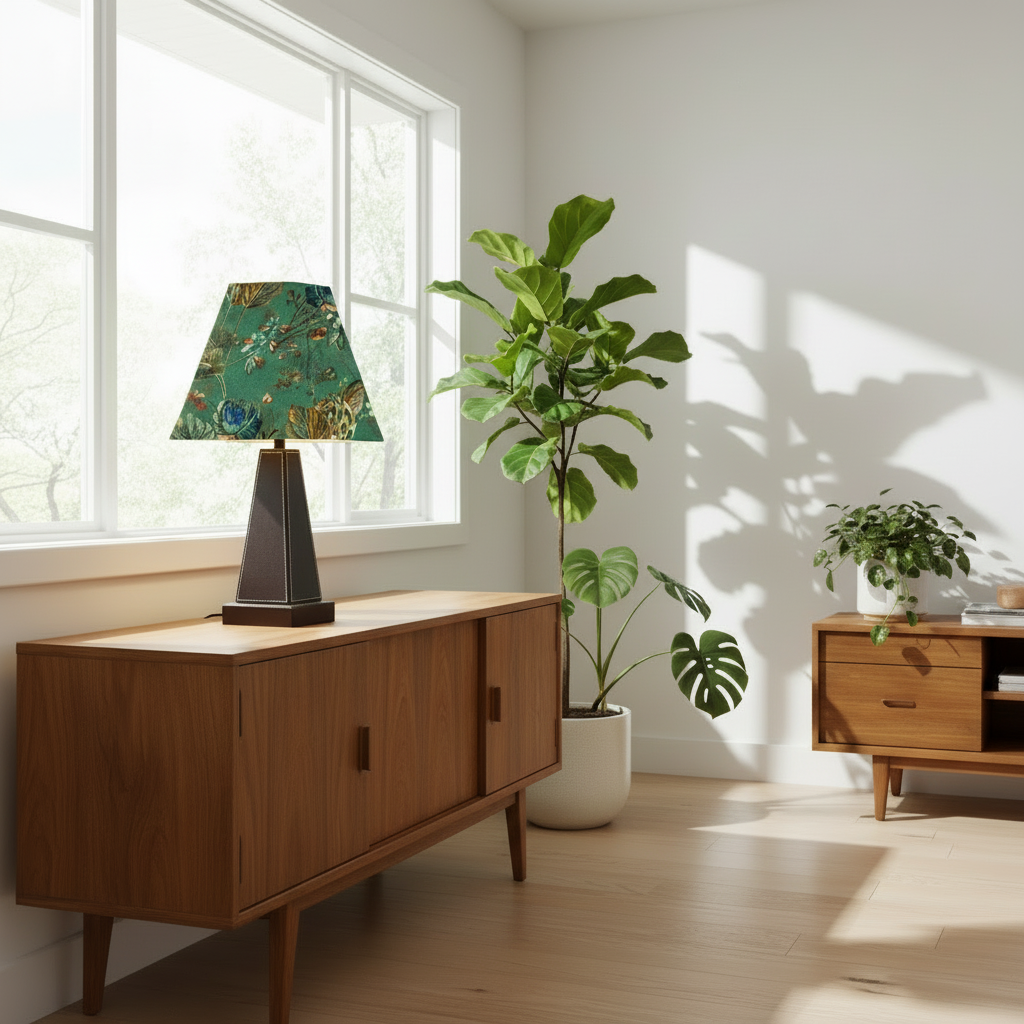 Stitched Leather Table Lamp with Squared Sage Floral Velvet Shade