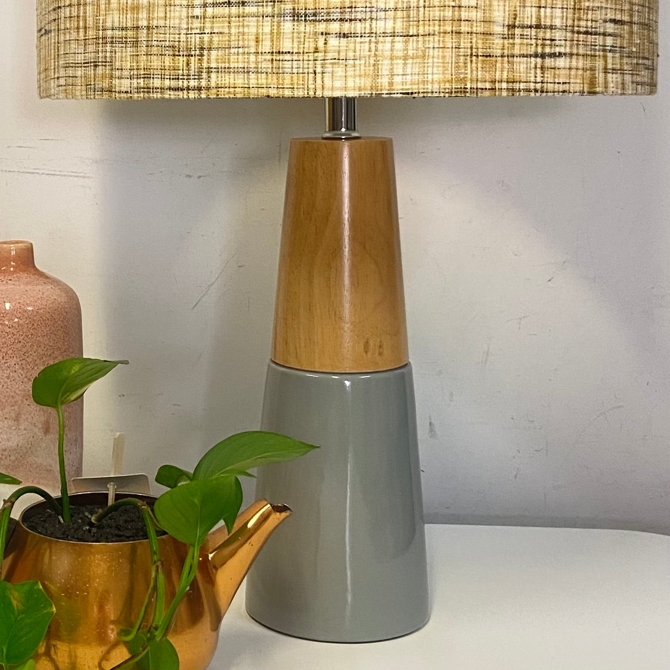 Scandi Timber & Ceramic Table Lamp with Mustard Weave Shade