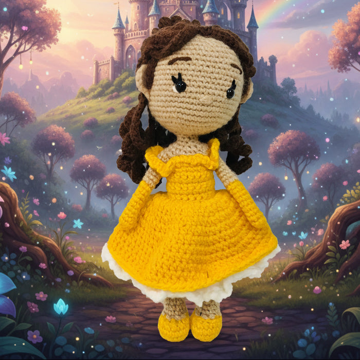Crocheted doll with a yellow dress on a white background
