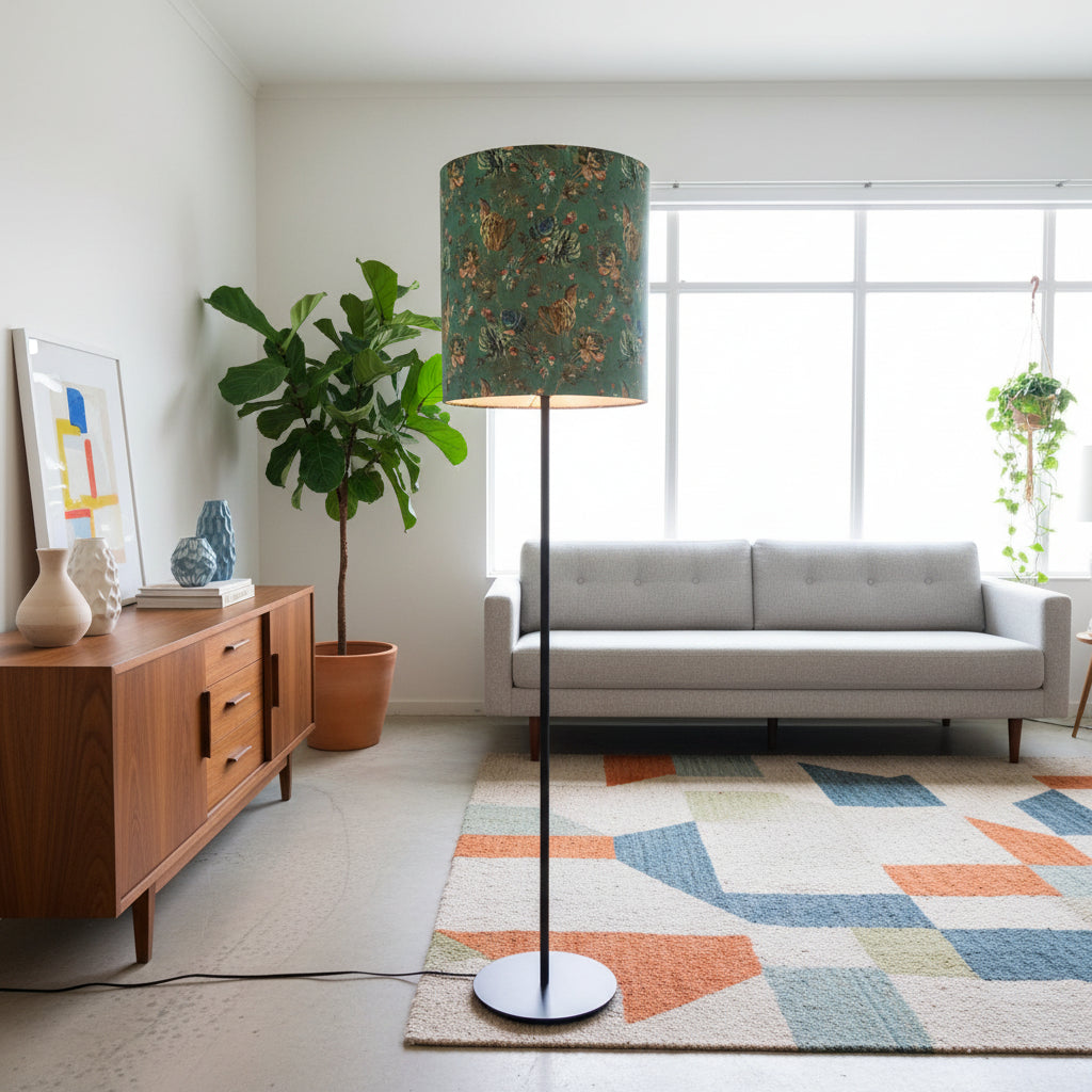 Black Post Standard Floor Lamp with Sage Floral Velvet Shade