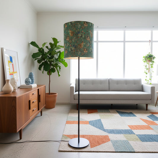 Black Post Standard Floor Lamp with Sage Floral Velvet Shade