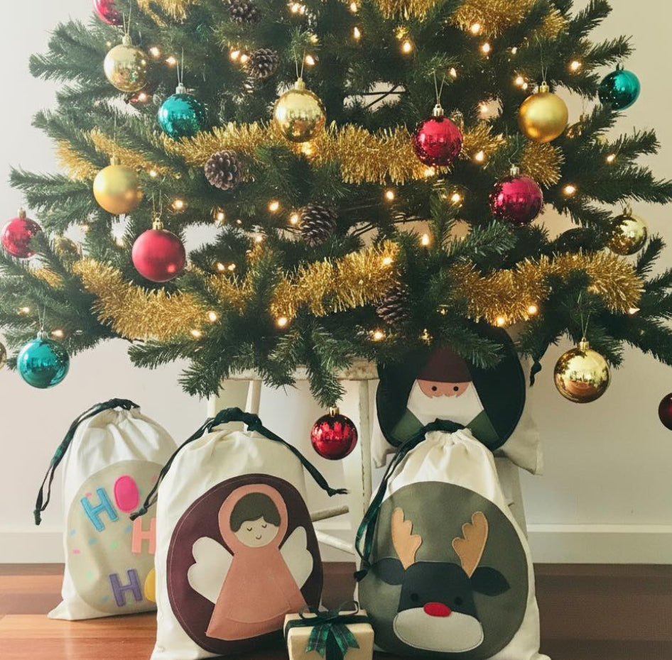 Reusable Eco Sustainable applique Christmas Gift Drawstring Sack Bags