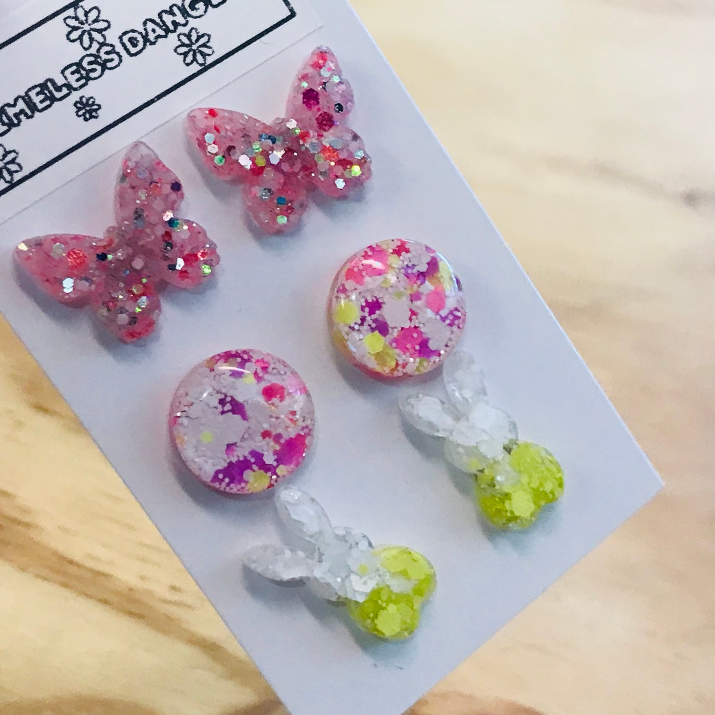 Novelty Resin Sparkle Stud Earrings - triple pack