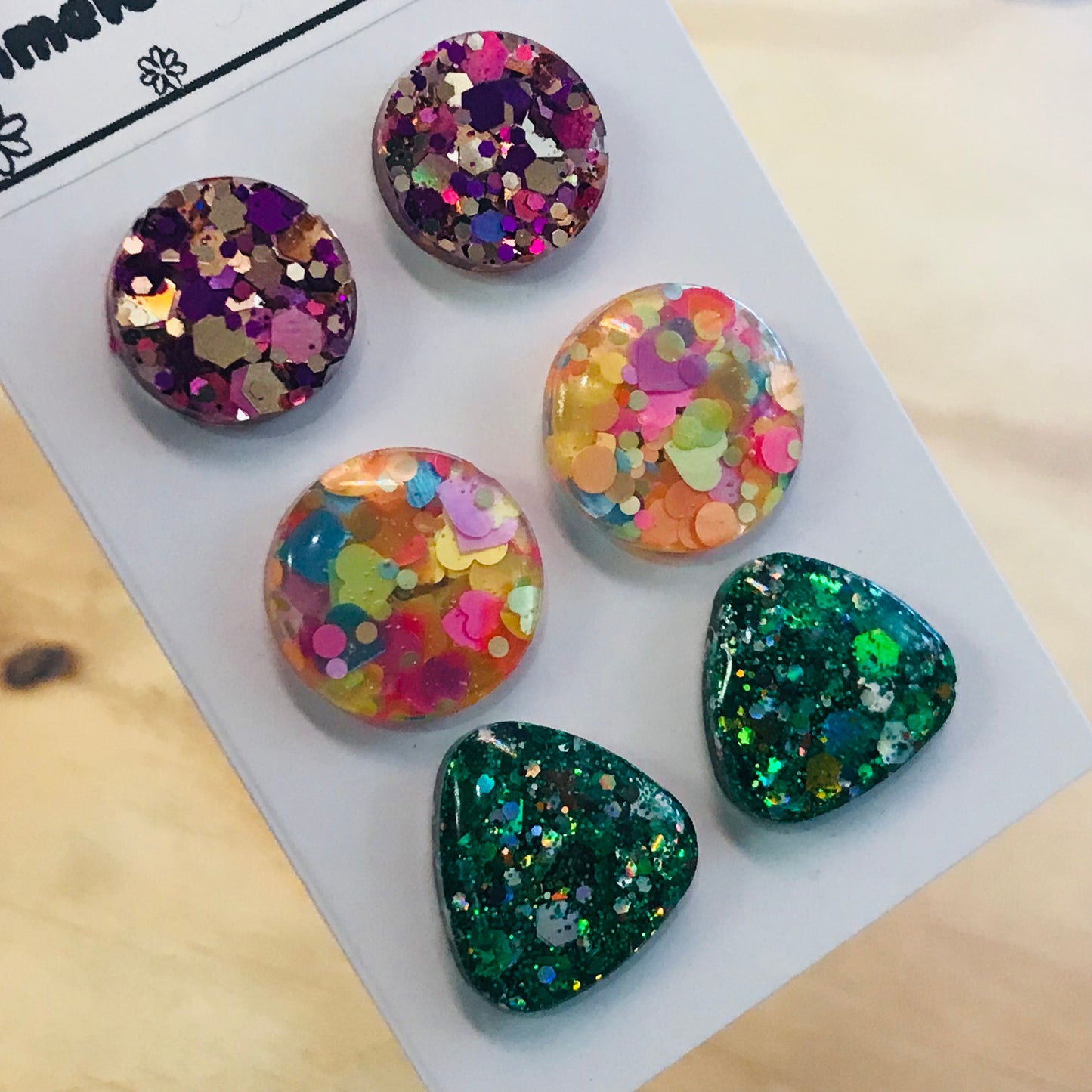 Novelty Resin Sparkle Stud Earrings - triple pack