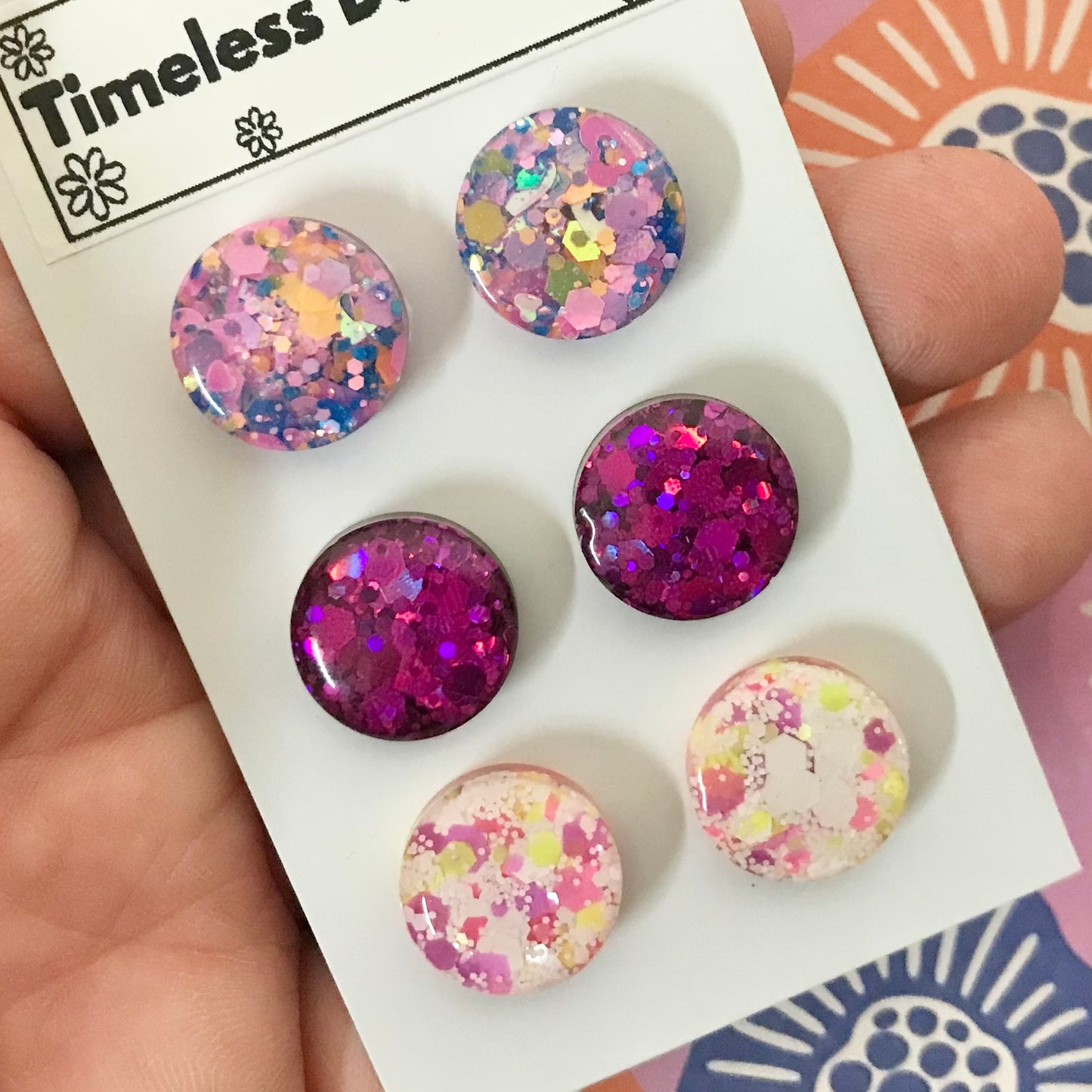 Novelty Resin Sparkle Stud Earrings - triple pack